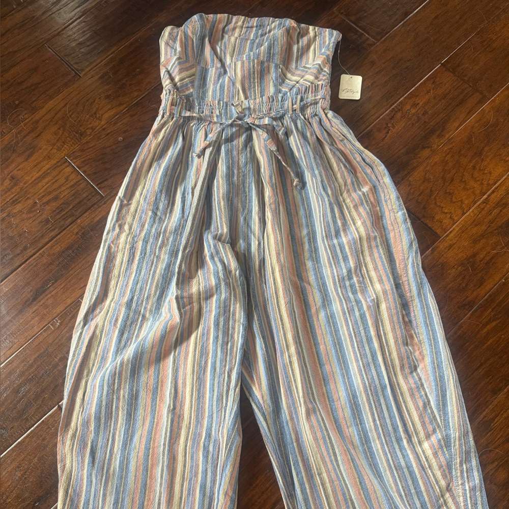 Free People Pink and Blue Wide Leg Jumpsuit with Spaghetti Straps